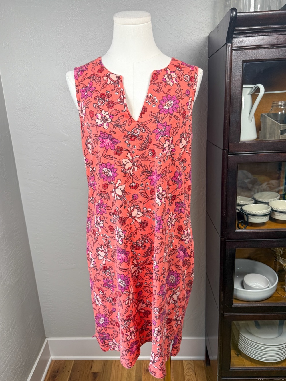 Lands’ End Coral Floral Cotton Sleeveless Shift Dress Size M